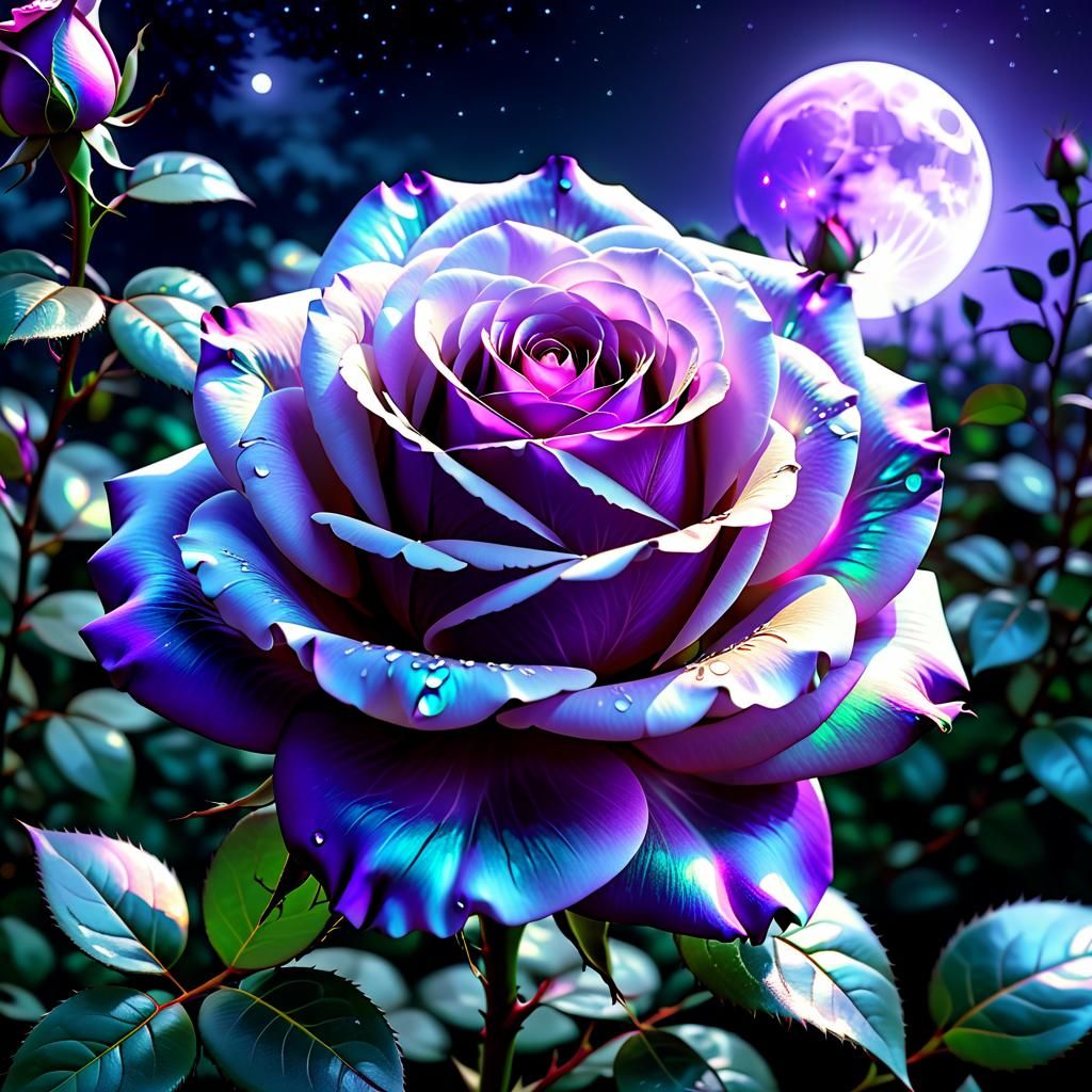 Iridescent Purple Rose in Moonlit Garden: Digital Painting
