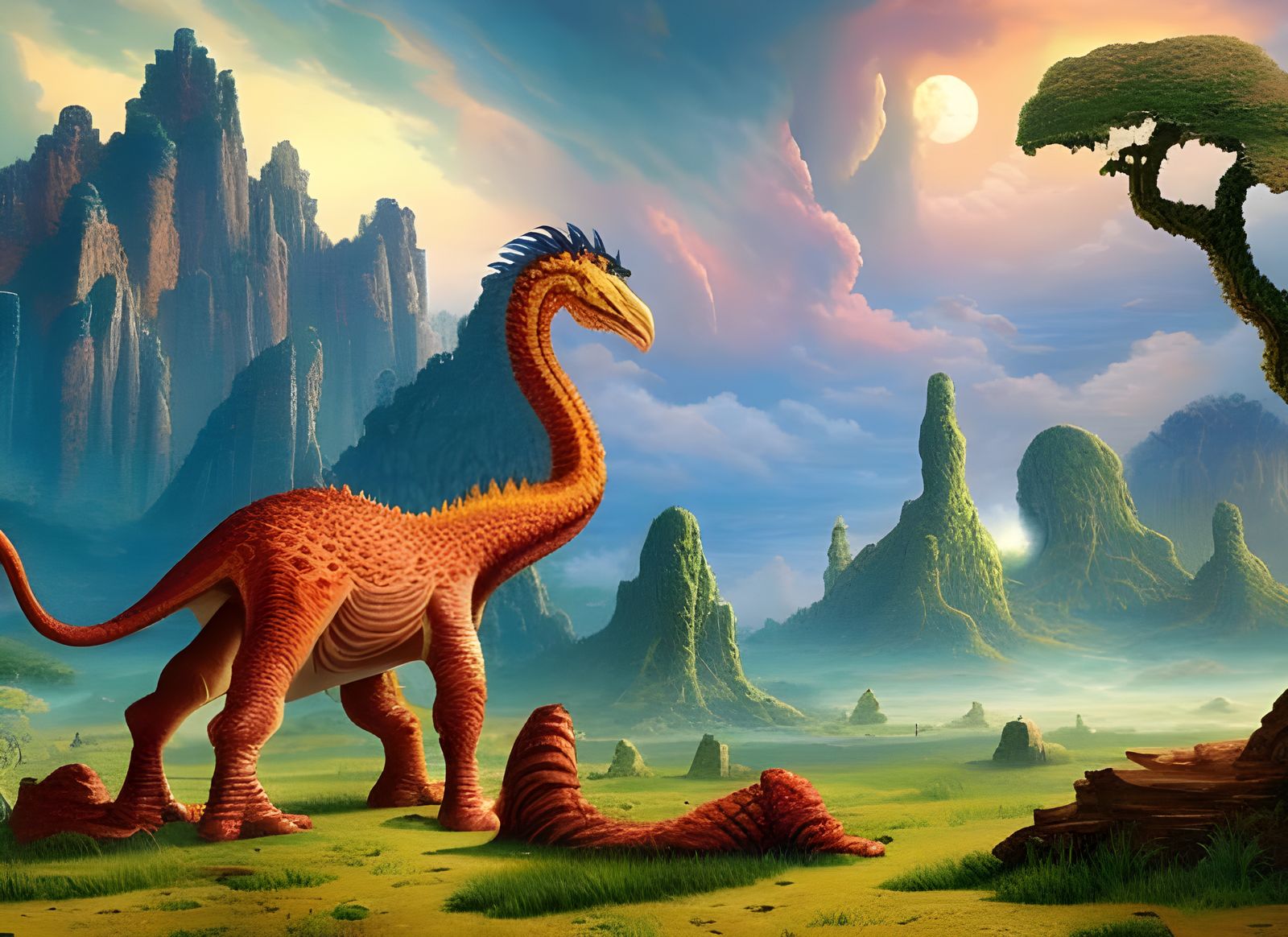 Jurassic World with Crystalline Cliffs and Dinosaurs