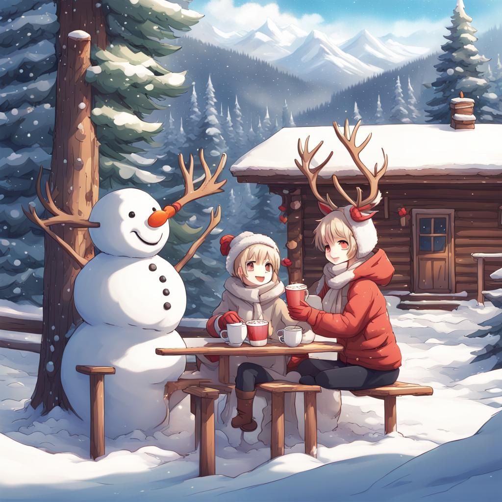 Snowman and Reindeer at Ski Resort in Anime Style