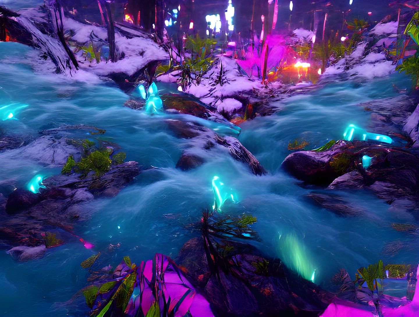 Turquoise Waterfall in Neon Arctic Forest