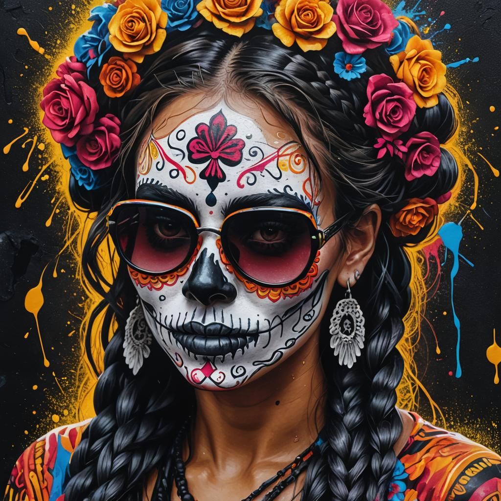 Colombian Catrina with Sugar Skull Face in Street Art Style