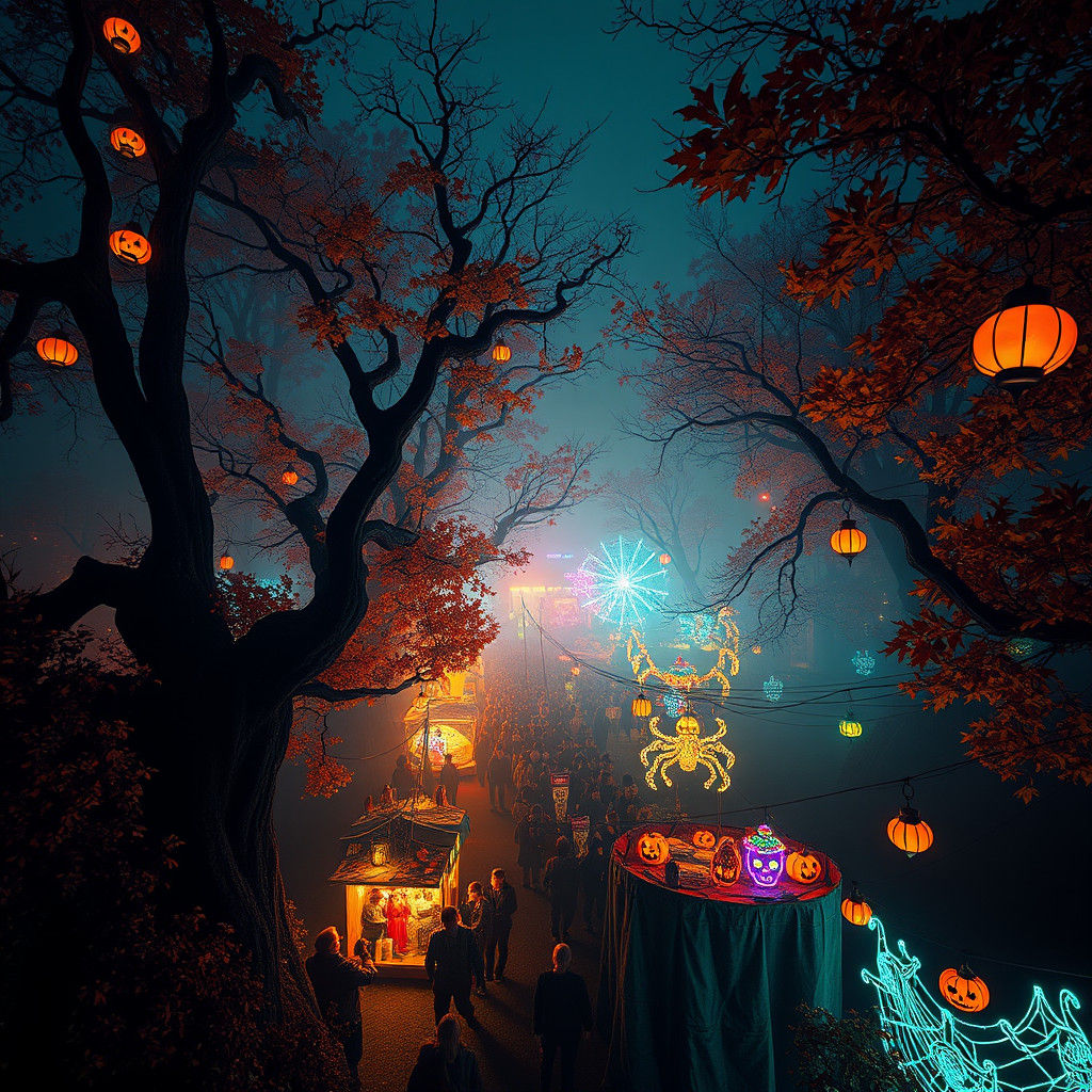 Neon Halloween Festival Under Autumnal Twilight