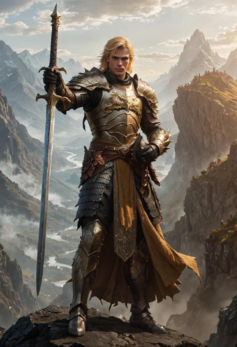 Heroic Knight with Dragon Helm in Misty Landscape