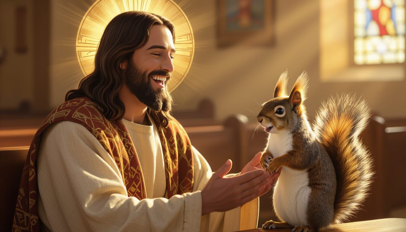 Jesus Laughing with Squirrel in Church