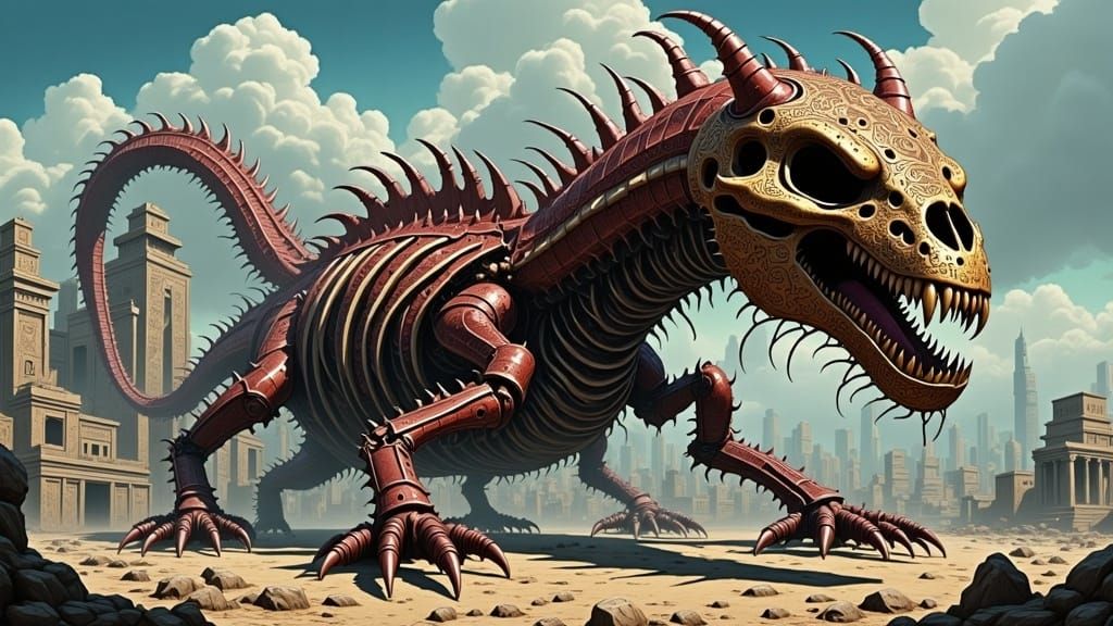 Colossal Armored Hydra-Leviathan Skeleton in Ancient City