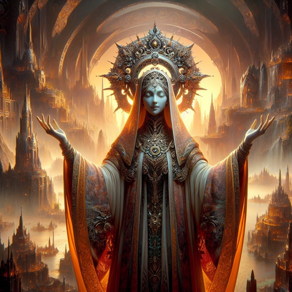 Welcoming Religious Figure in Fantasy Game Concept Art