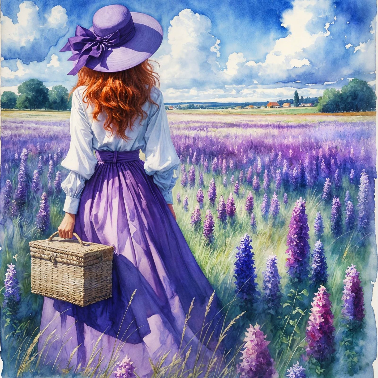 Woman in a Purple Skirt Standing in a Field of Purple Flower...