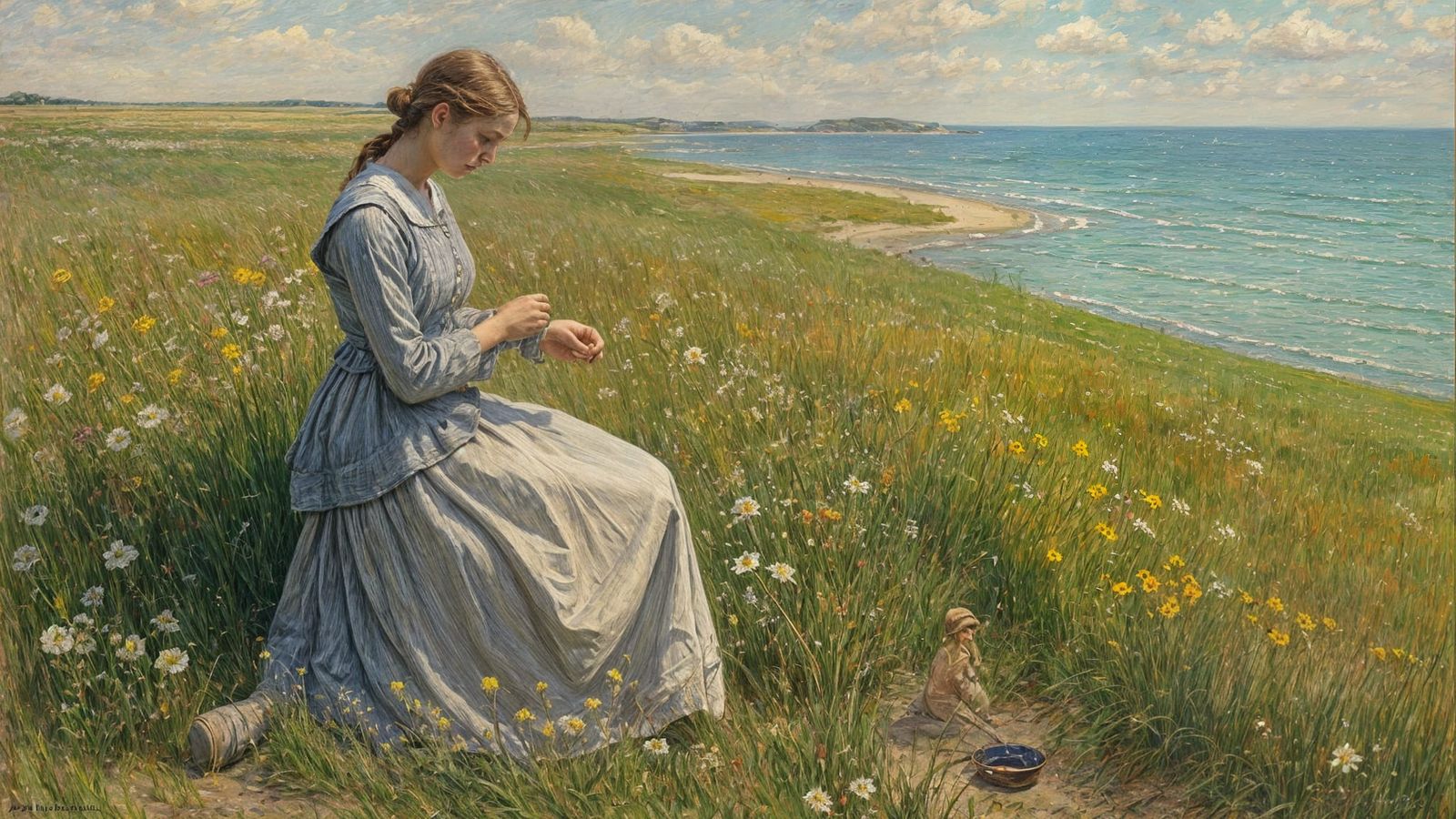 Sewing Fisherman's Wife: Impressionist Genre Scene