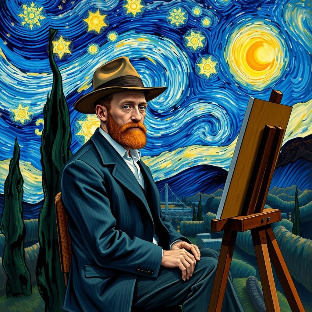 Artist Paints Starry Night: Post-Impressionist Fantasy Art