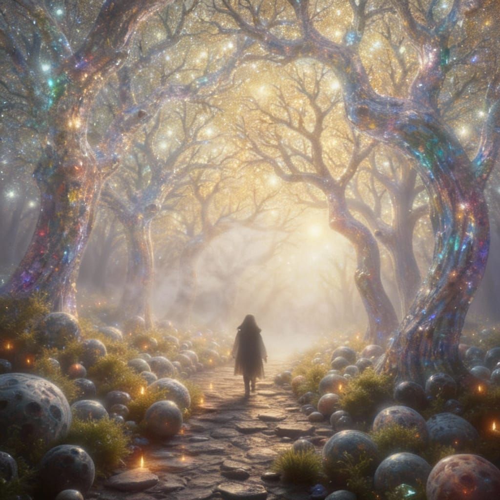 Solitary Figure in Crystal Forest with Mystical Light