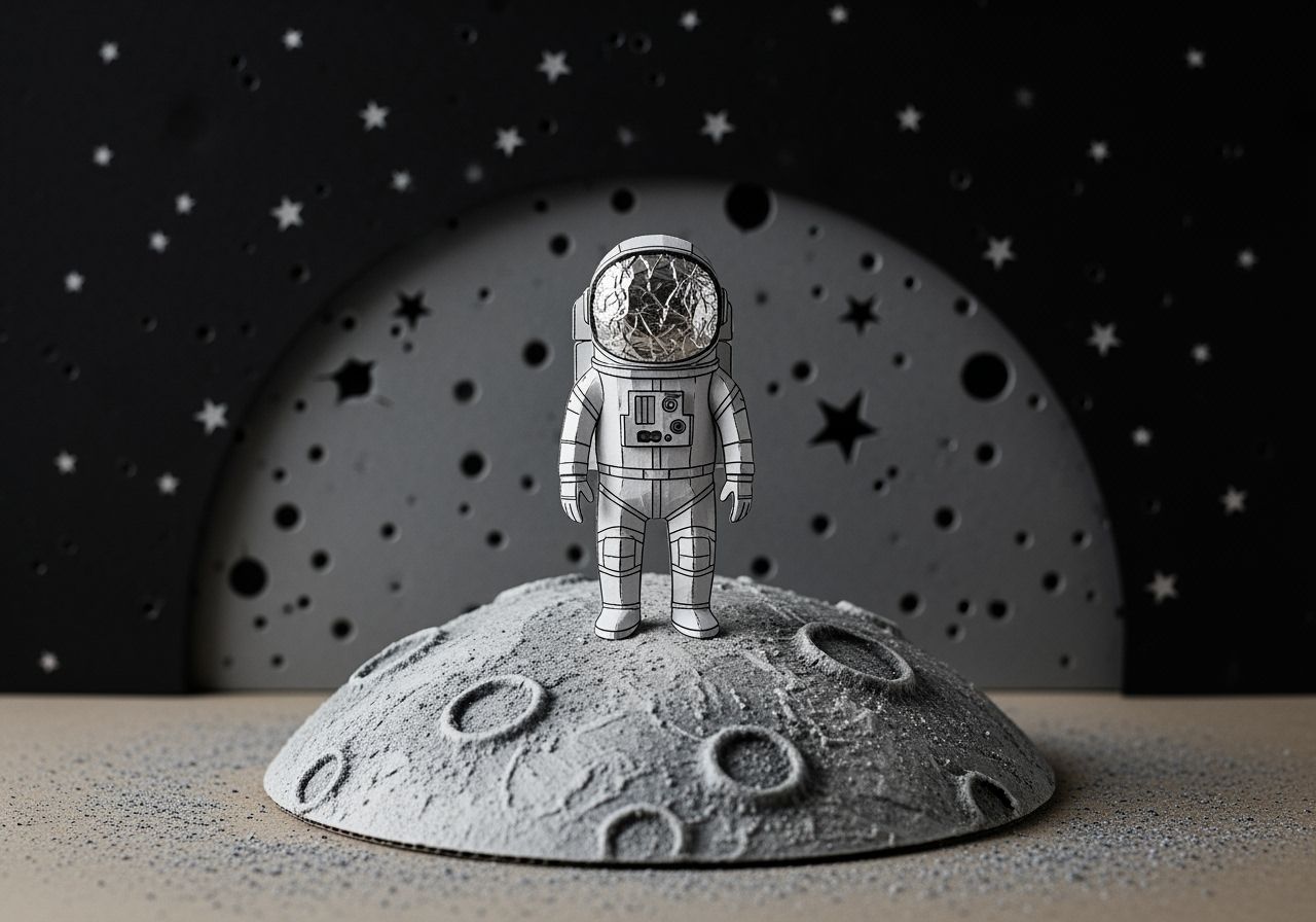 Miniature Moon Diorama in Grayscale Sci-Fi Style