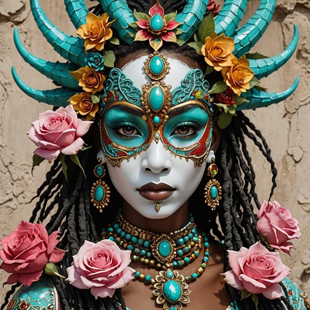 Dragon Woman with Porcelain Mask and Rose