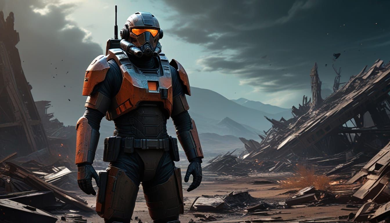 Determined Starship Commander in Desolate Wasteland