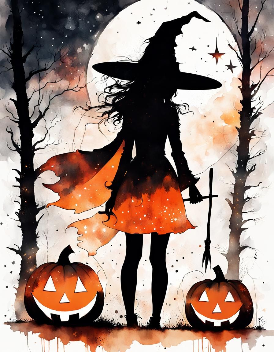 Cute Witch and Pumpkin in Orange Sunset
