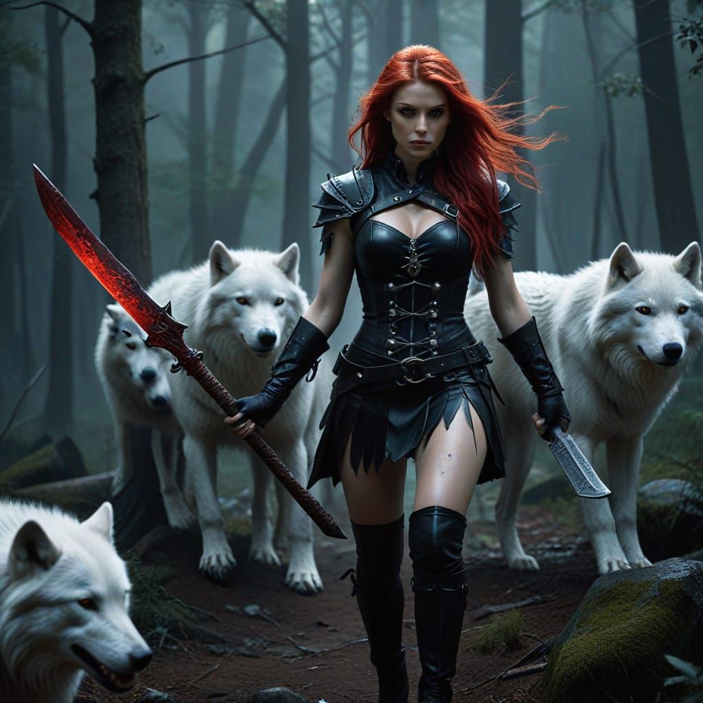 Warrior Girl with Wolves in Dark Fantasy Art