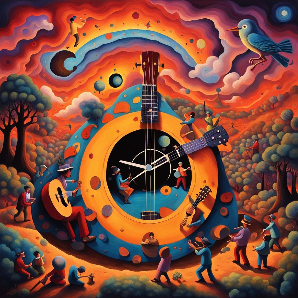 Ukulele Dreamscape: Surreal Scene in Cosmic Colors