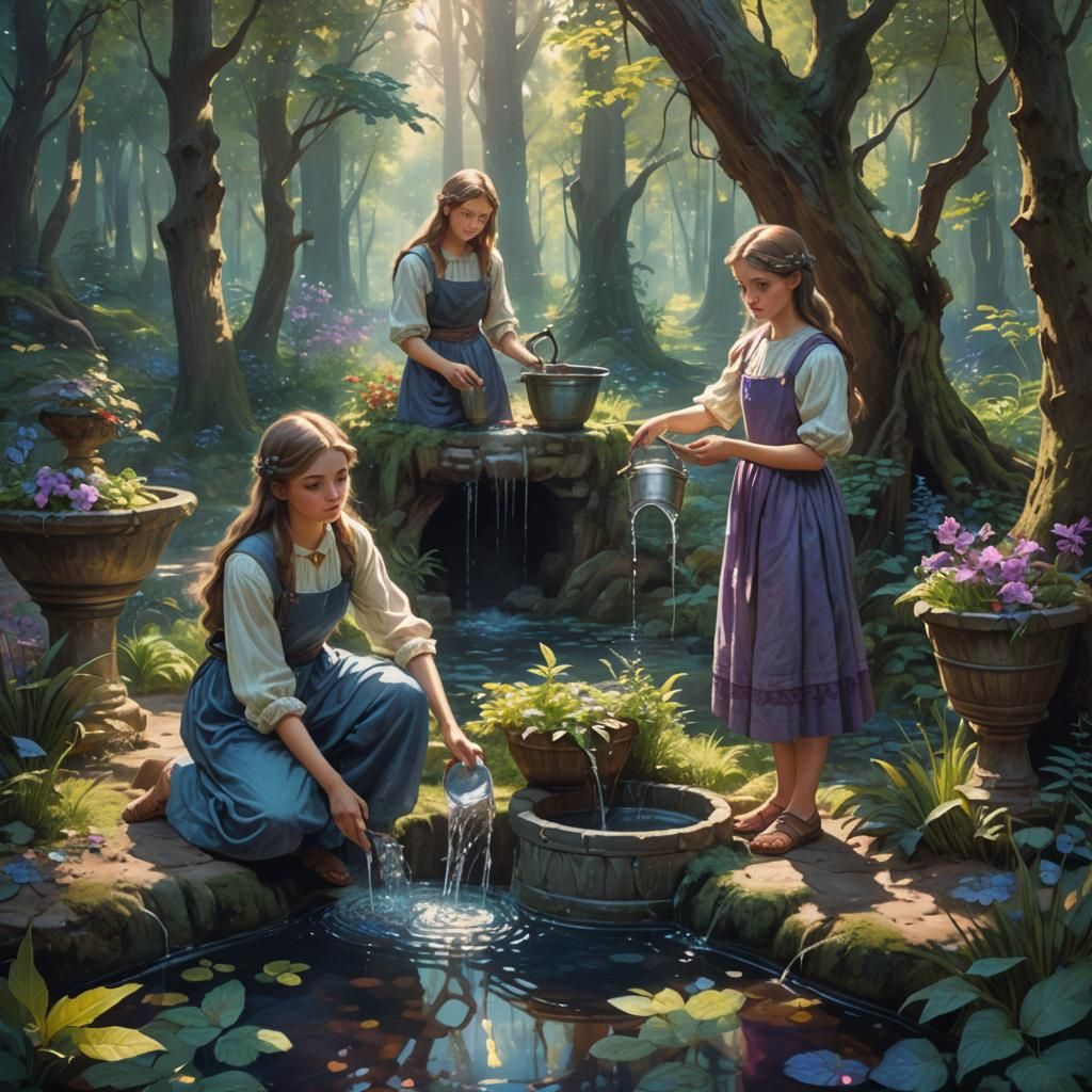 Girls Filling Water in Mystical Forest: Fantasy Art