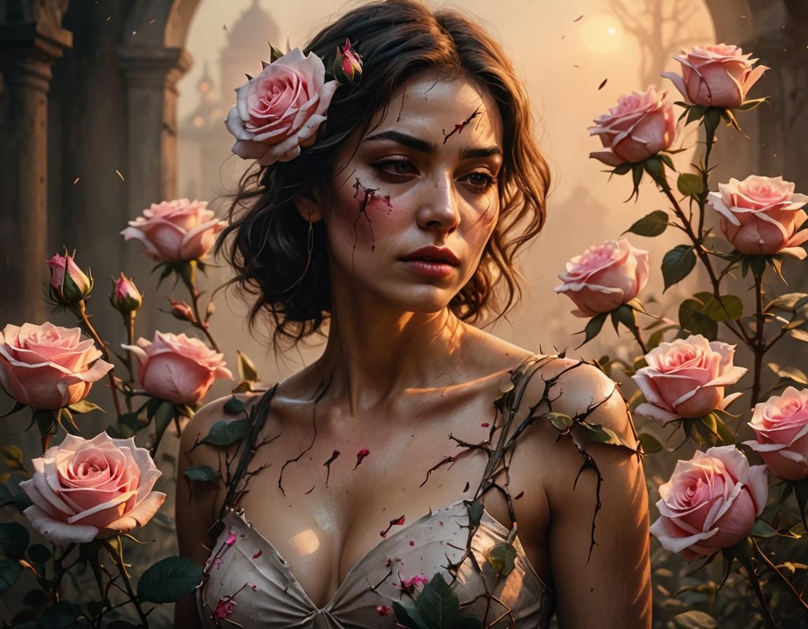 Resilient Woman: Pink Roses Bloom in Digital Art