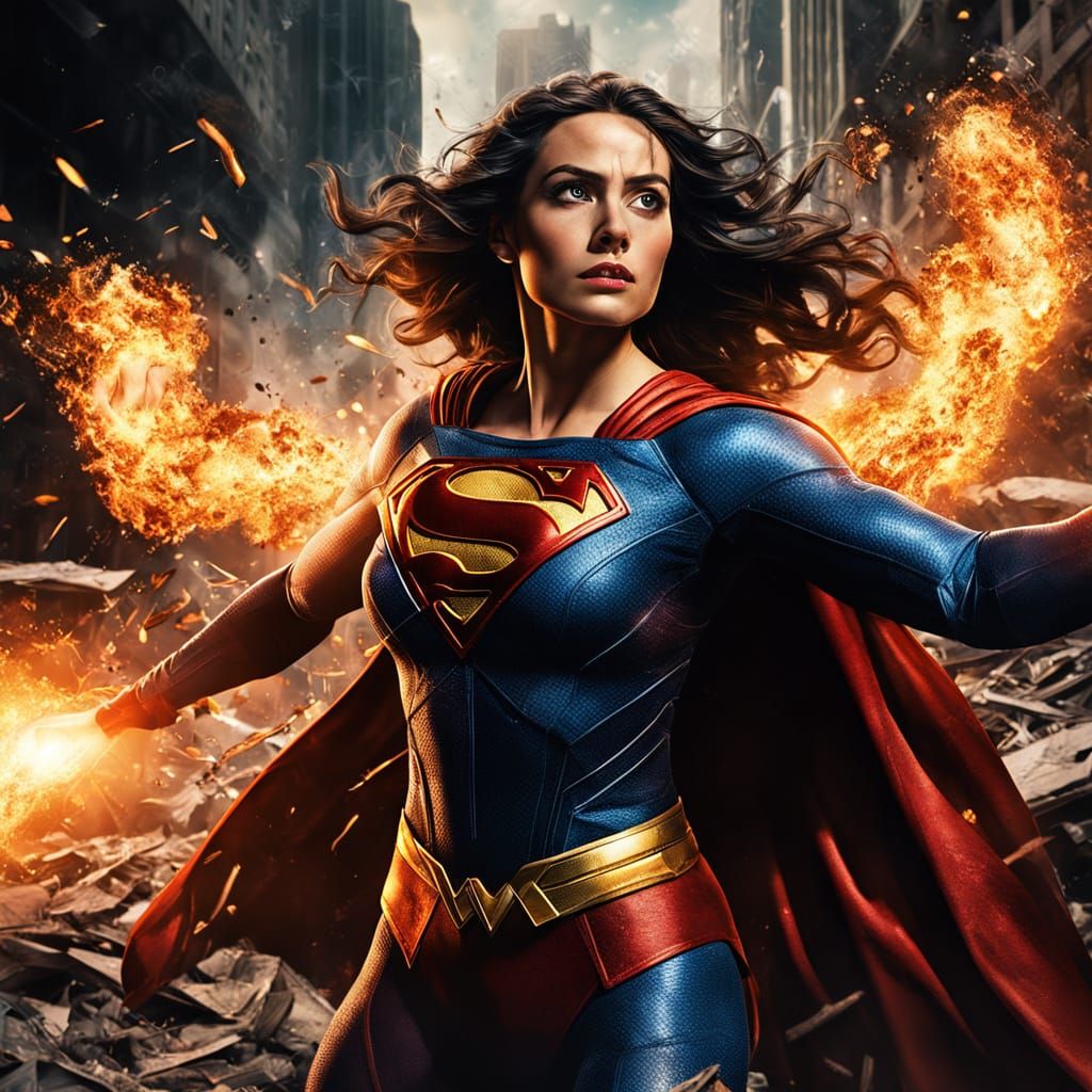 Cinematic Superwoman in Flight Amidst Explosive Chaos