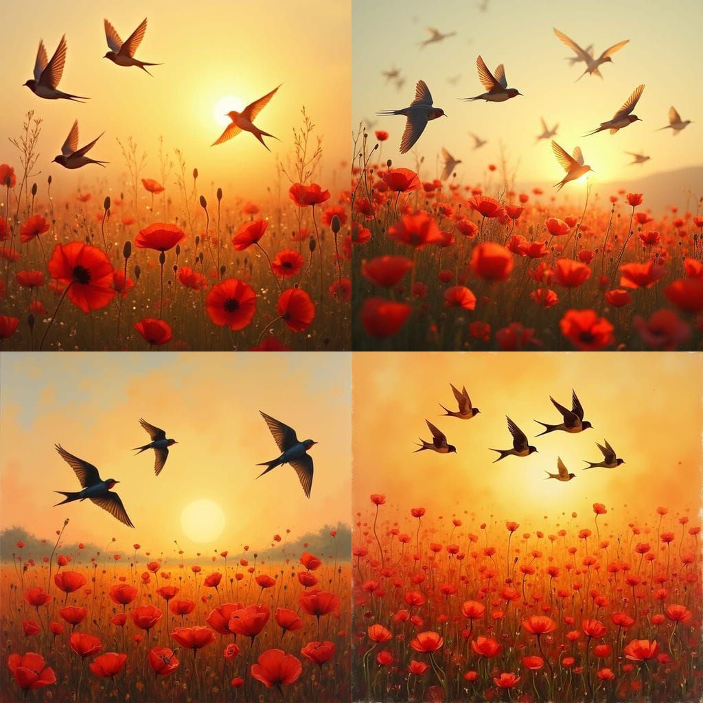 Swallows Soar Over Vibrant Poppy Field at Sunrise
