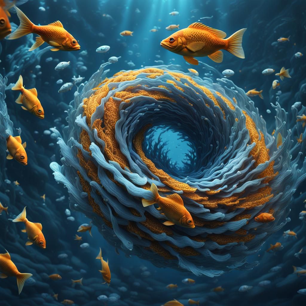 Fantastical Fish Swirl in Deep Blue: 8K Digital Art