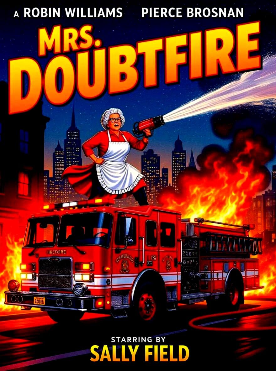 Mrs. Doubtfire as Firefighter Hero Movie Poster Art