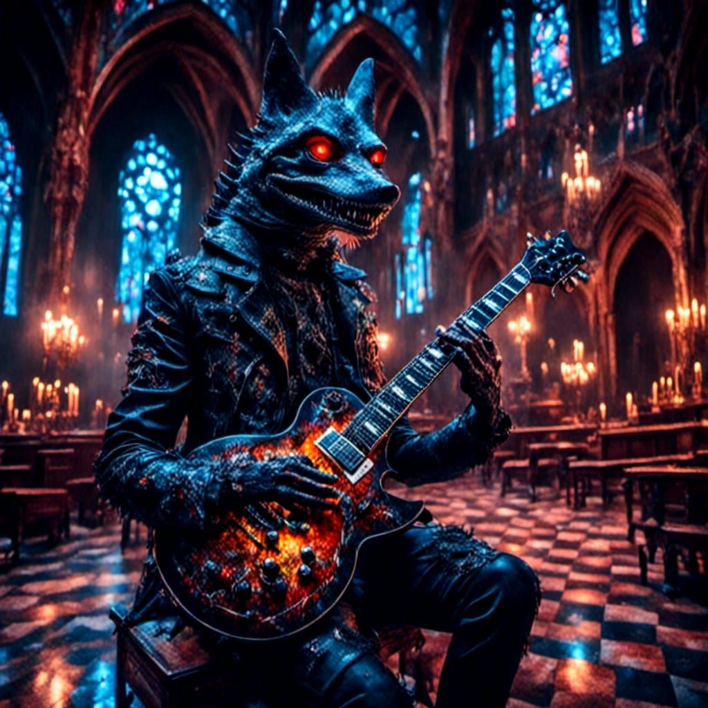 Gothic Punk Werewolf Shark Biker in Church as Oil Painting
