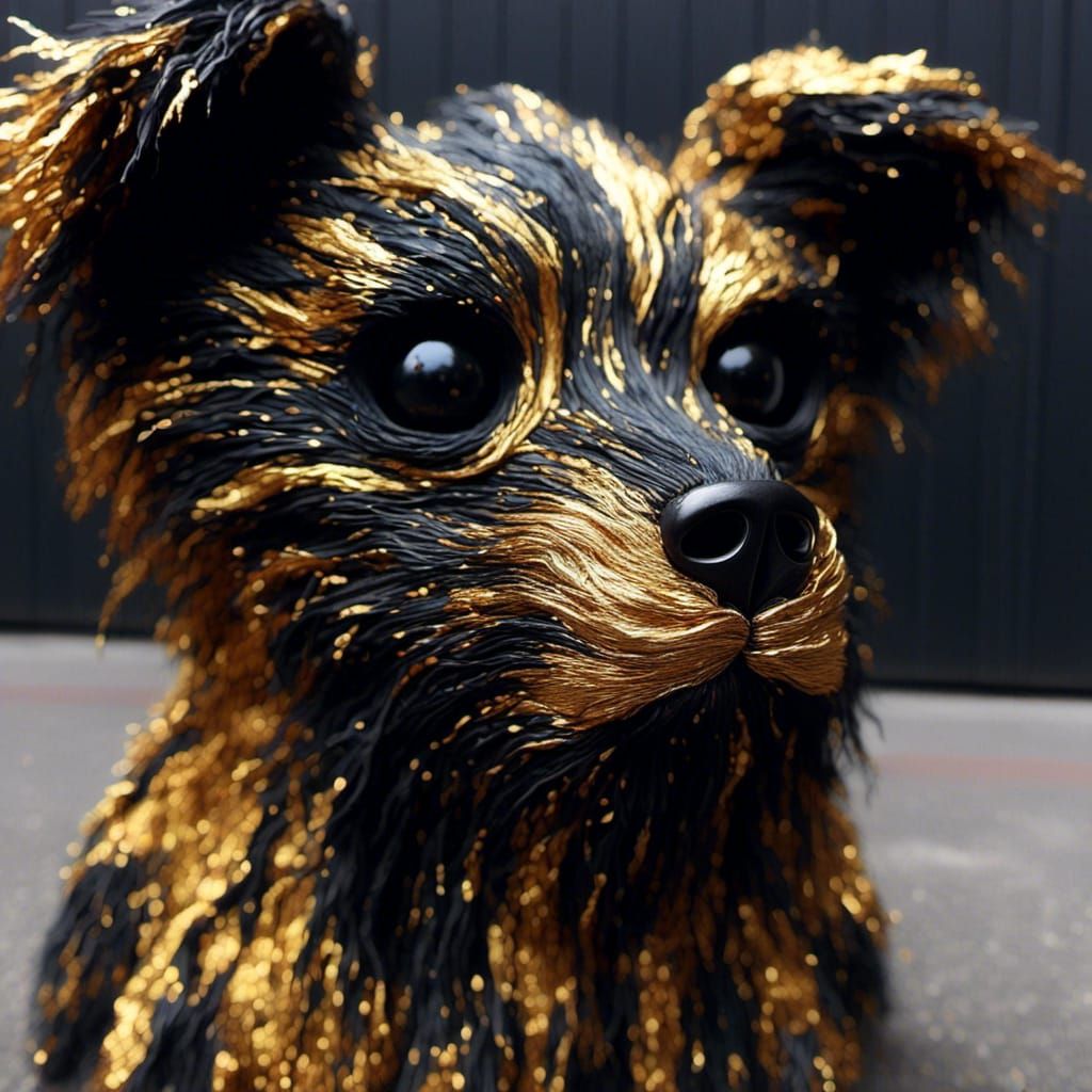 Grumpy Dog with Black and Gold Bark Texture