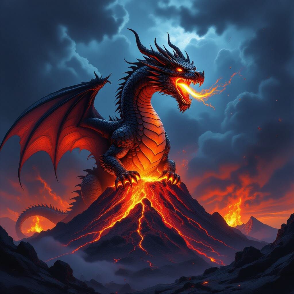Fierce Fire Dragon Roaring at Erupting Volcano