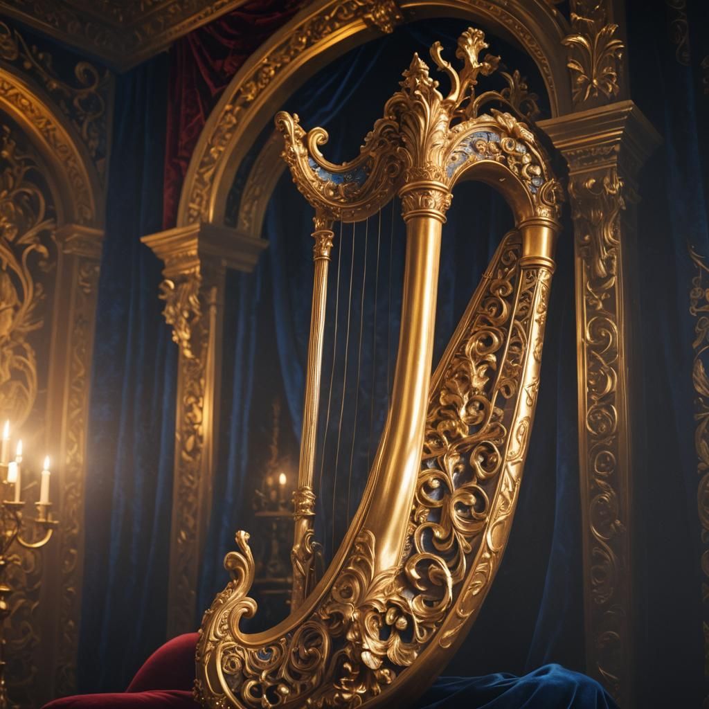 Ornate Golden Harp in Baroque Chamber