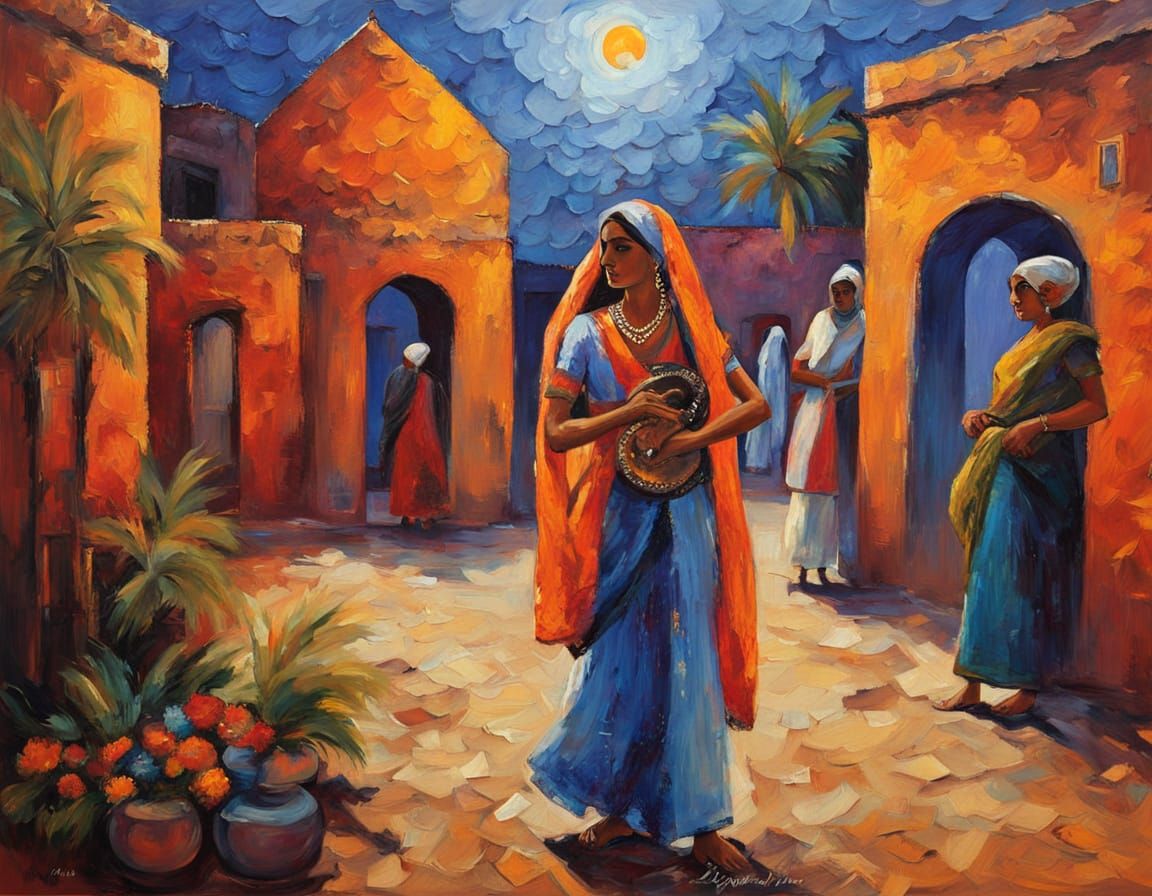 Rajasthani Dancer in Moonlight Courtyard