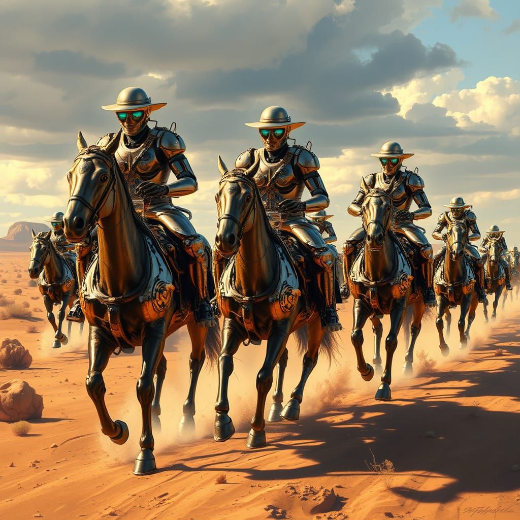 Robot Cowboys Rounding Up Robotic Horses in Western Style