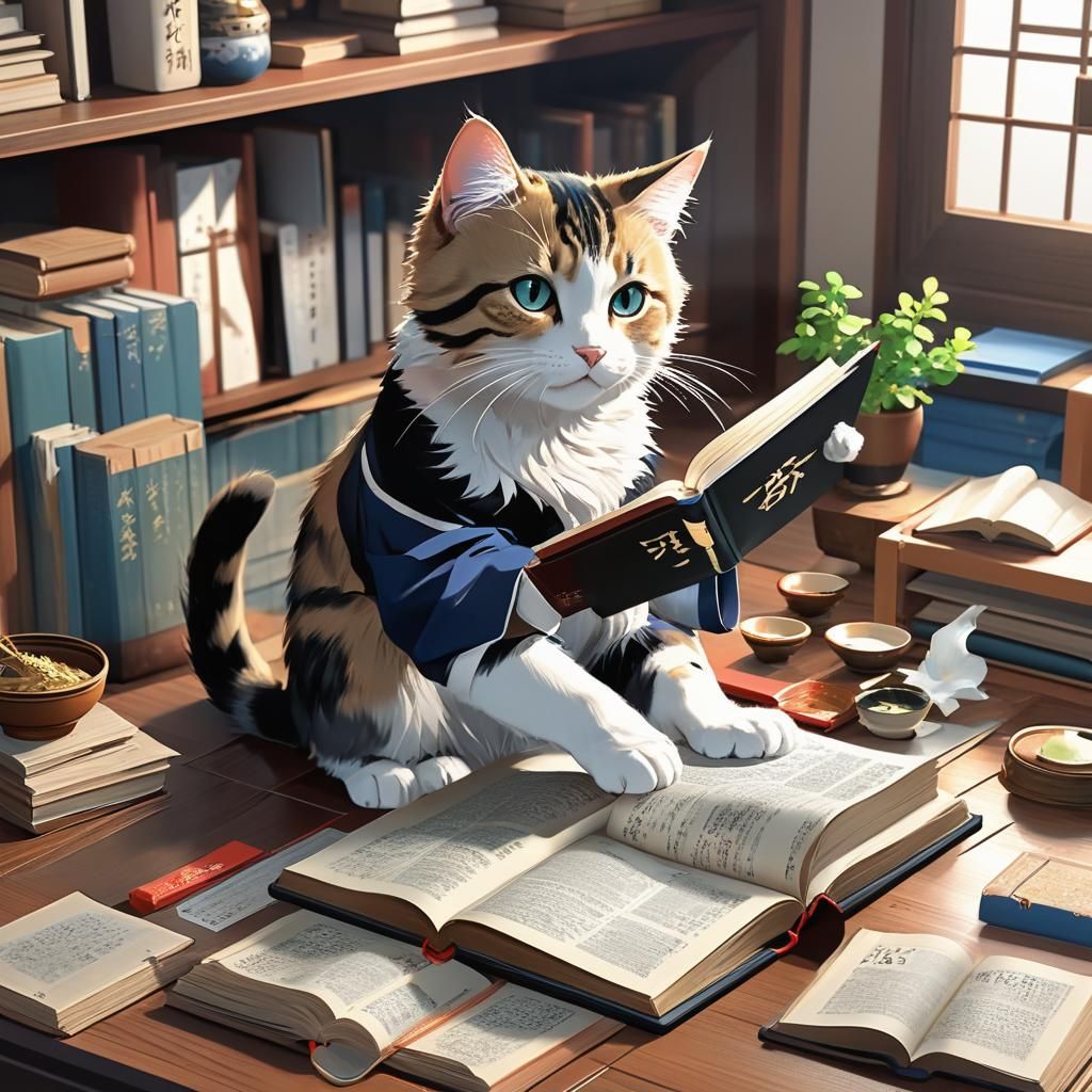 Cat Plays with Textbook: Anime-Inspired 3D Art
