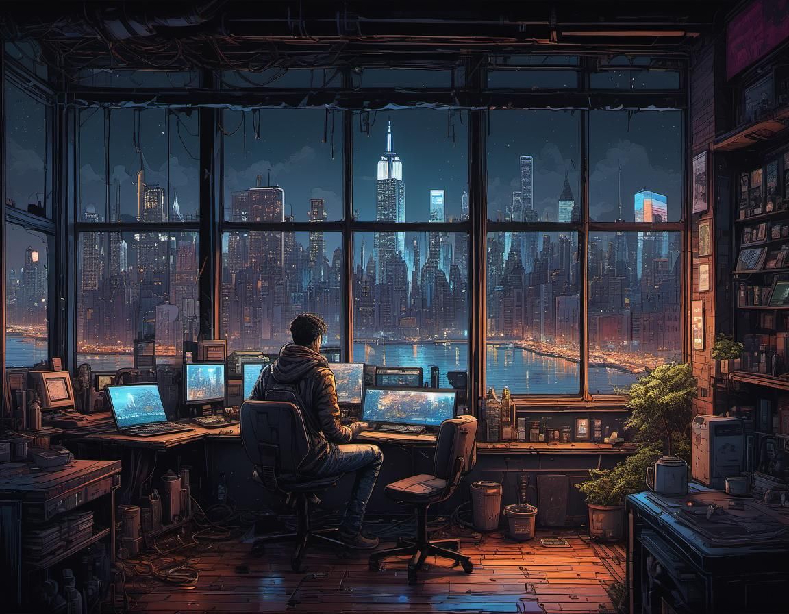 Cyberpunk Cafe View in Pixel Art Style