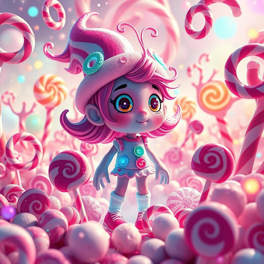Sugary Character in Fantastical Candyland Landscape