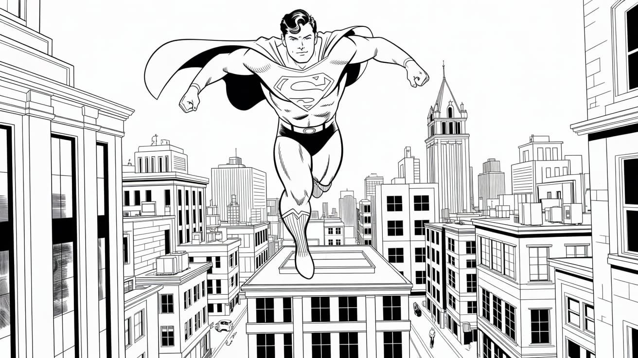 Superman leaping into the air to fly from the op of the Daily Planet buildong in downtown Metropolis.  As drawn by Curt ...