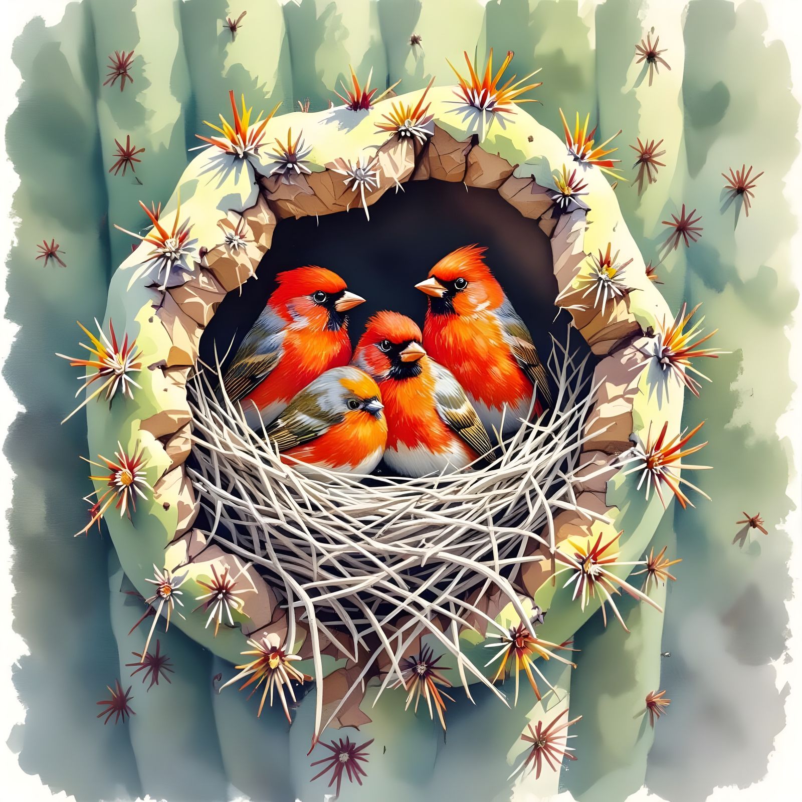 Red Birds Nesting in Cactus Watercolor