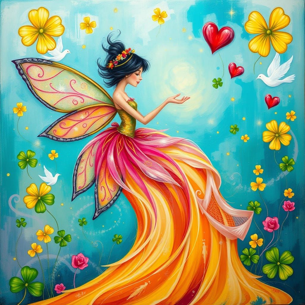Whimsical Fairy Conjures Peaceful Symbols in Vibrant, Dreaml...