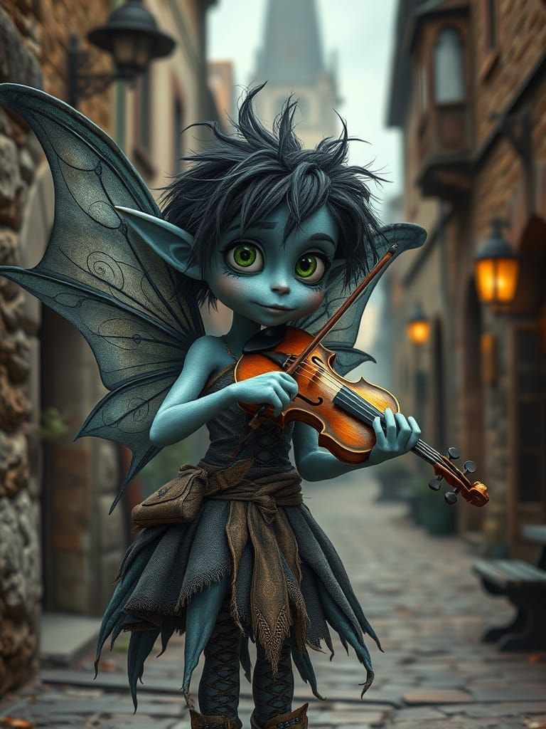 Whimsical Fairy in Medieval Town, Playing Violin in Boho Sty...
