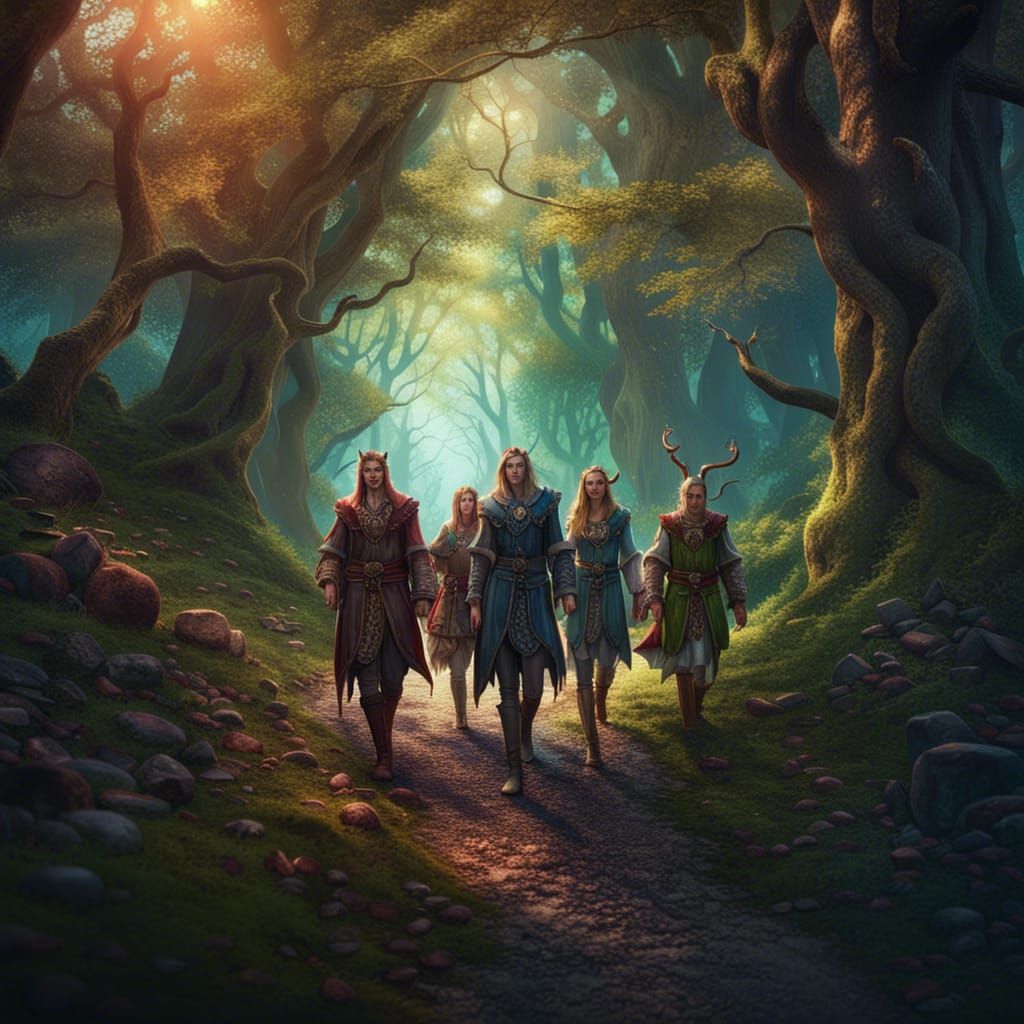 Elegant Elves on Forest Path: Fantasy Concept Art