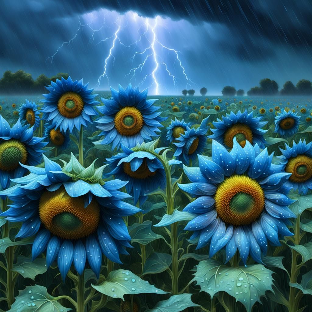 Blue Sunflowers in Rainy Field: Digital Matte Painting