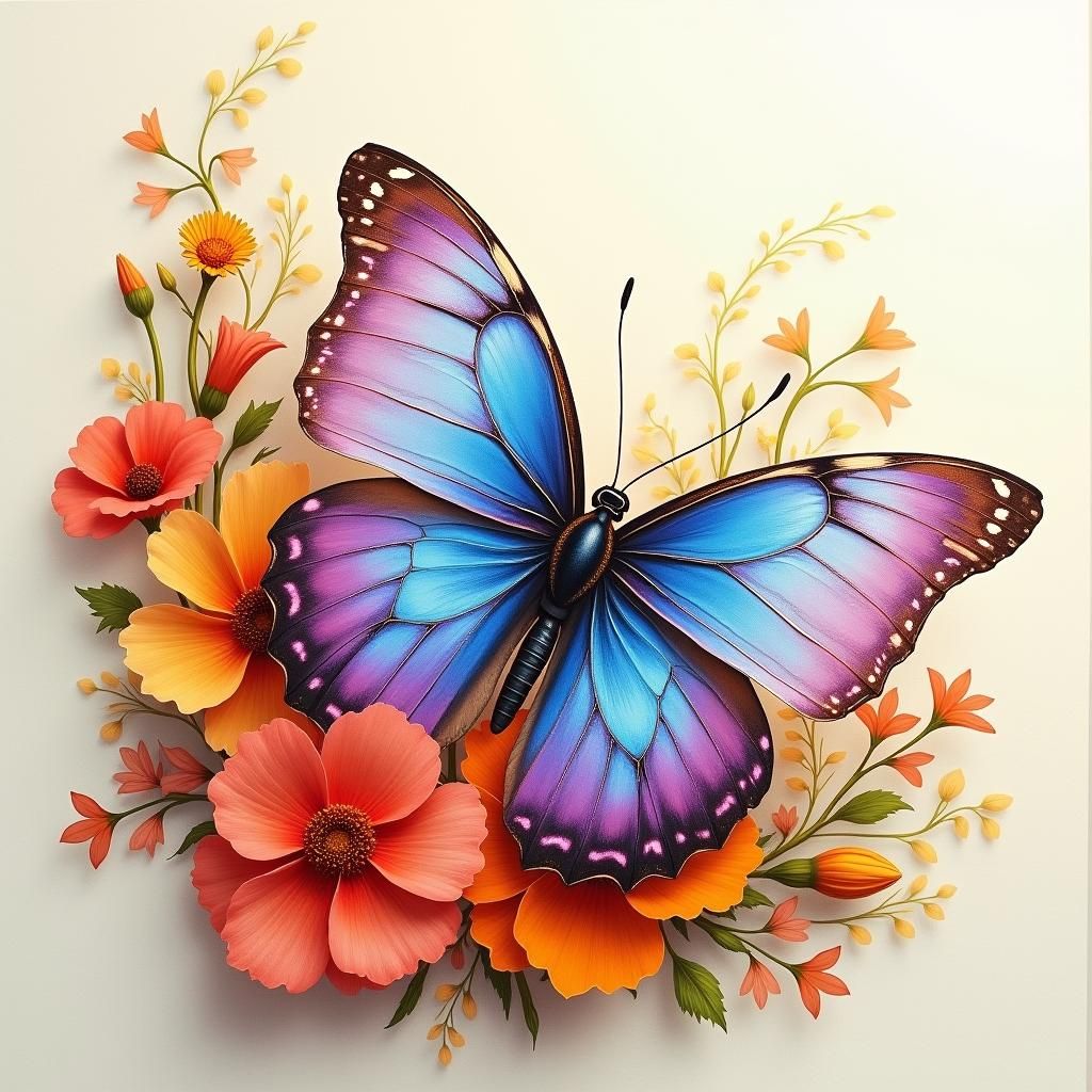 Iridescent Butterfly on Vibrant Flowers: Hyper-Realistic Art