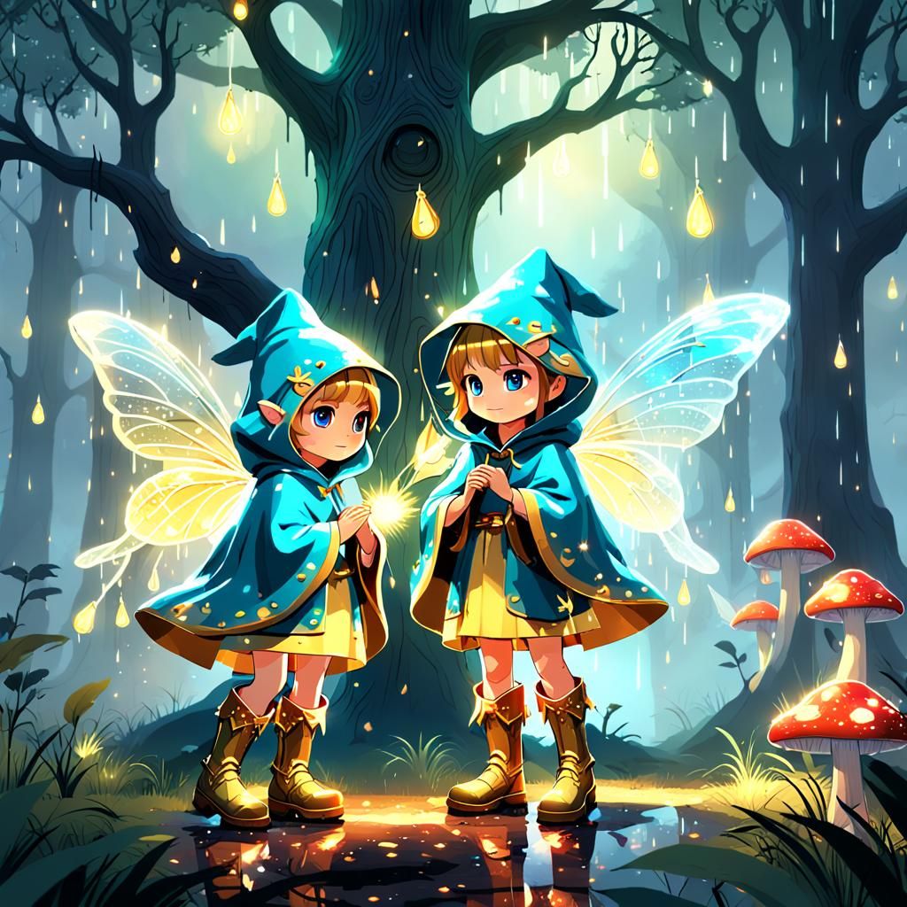 Fairies Hide From Rain in Enchanted Forest