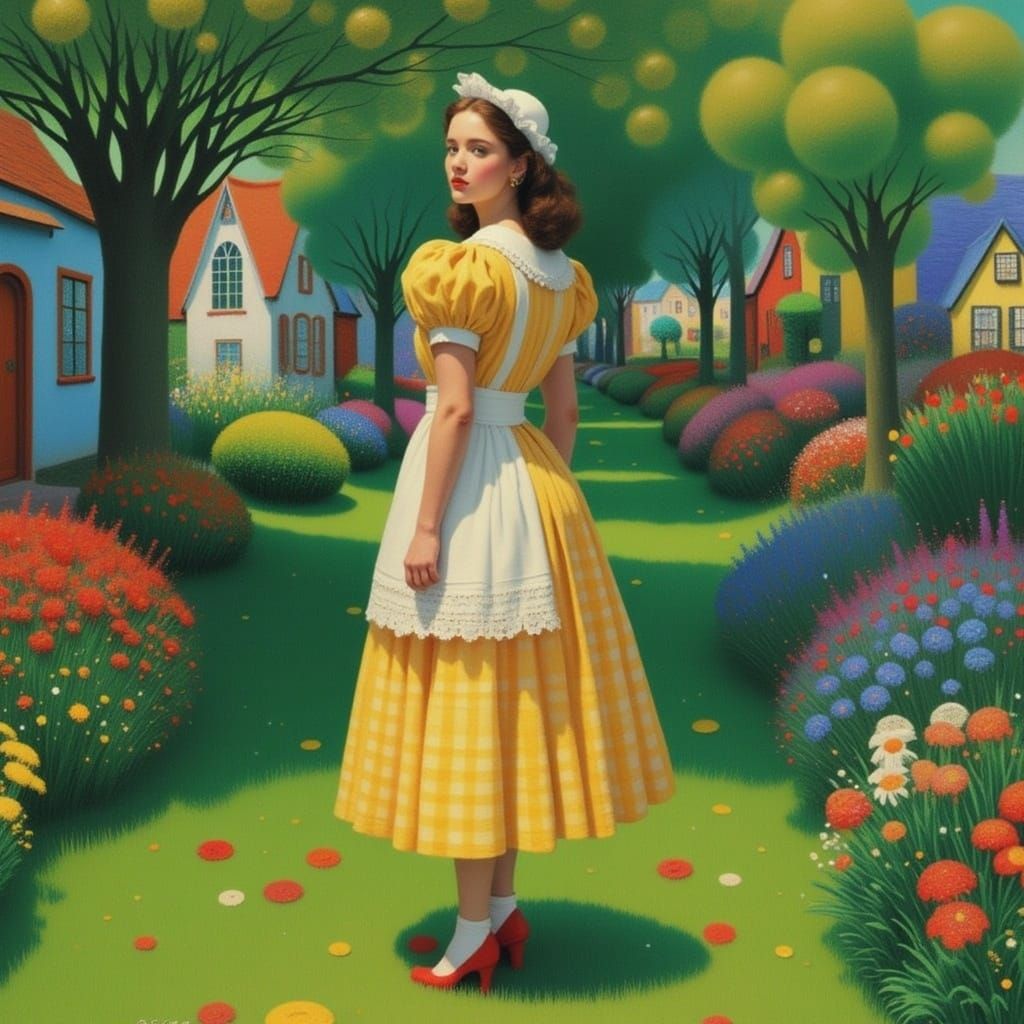 Vintage Woman in Gingham Dress in Rockwell Style