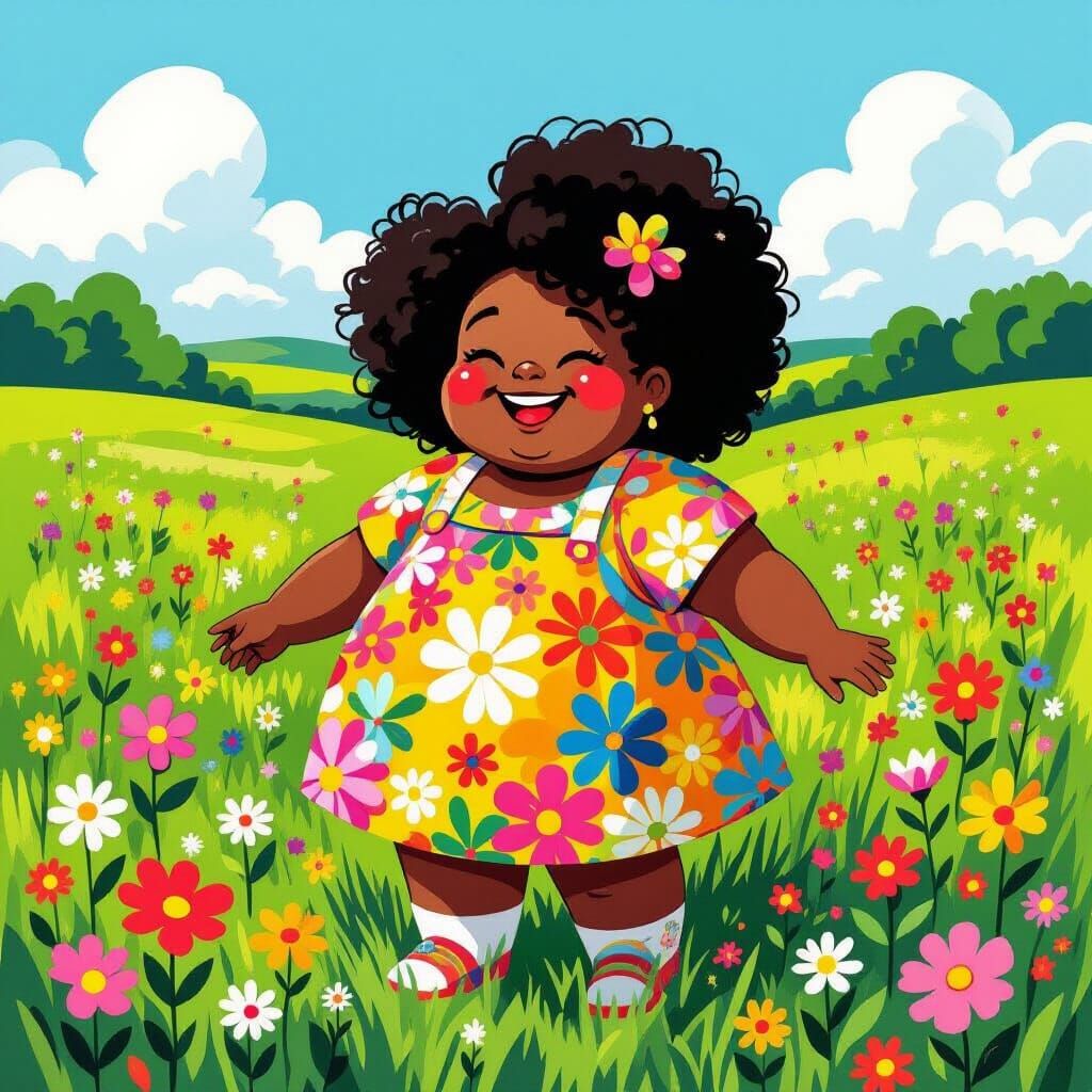 Happy Girl in Meadow, Inspired by Klimt and Murakami