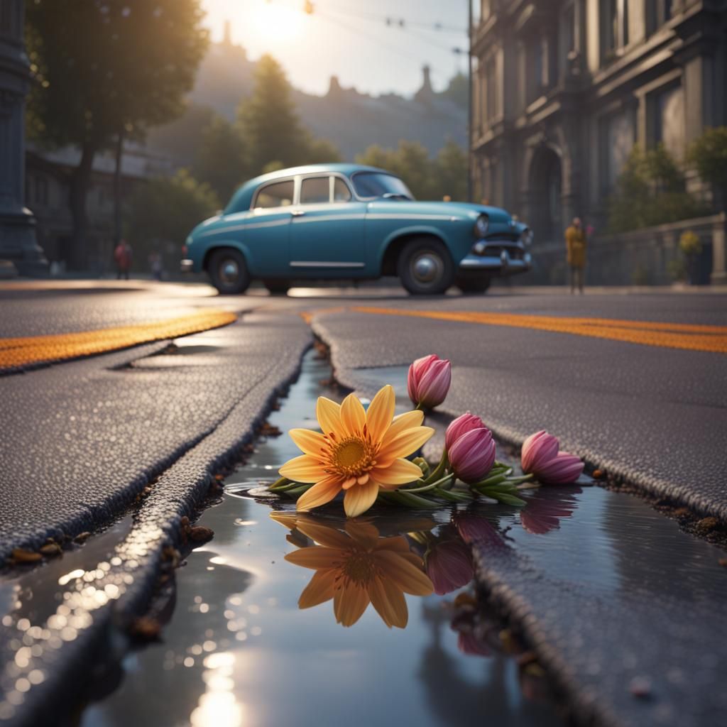 Flower Emerges from Pavement: Detailed Digital Art