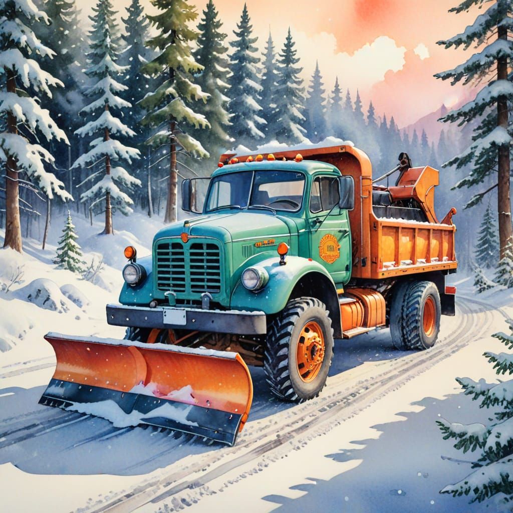 Vintage Snowy Forest Road in Watercolor Style