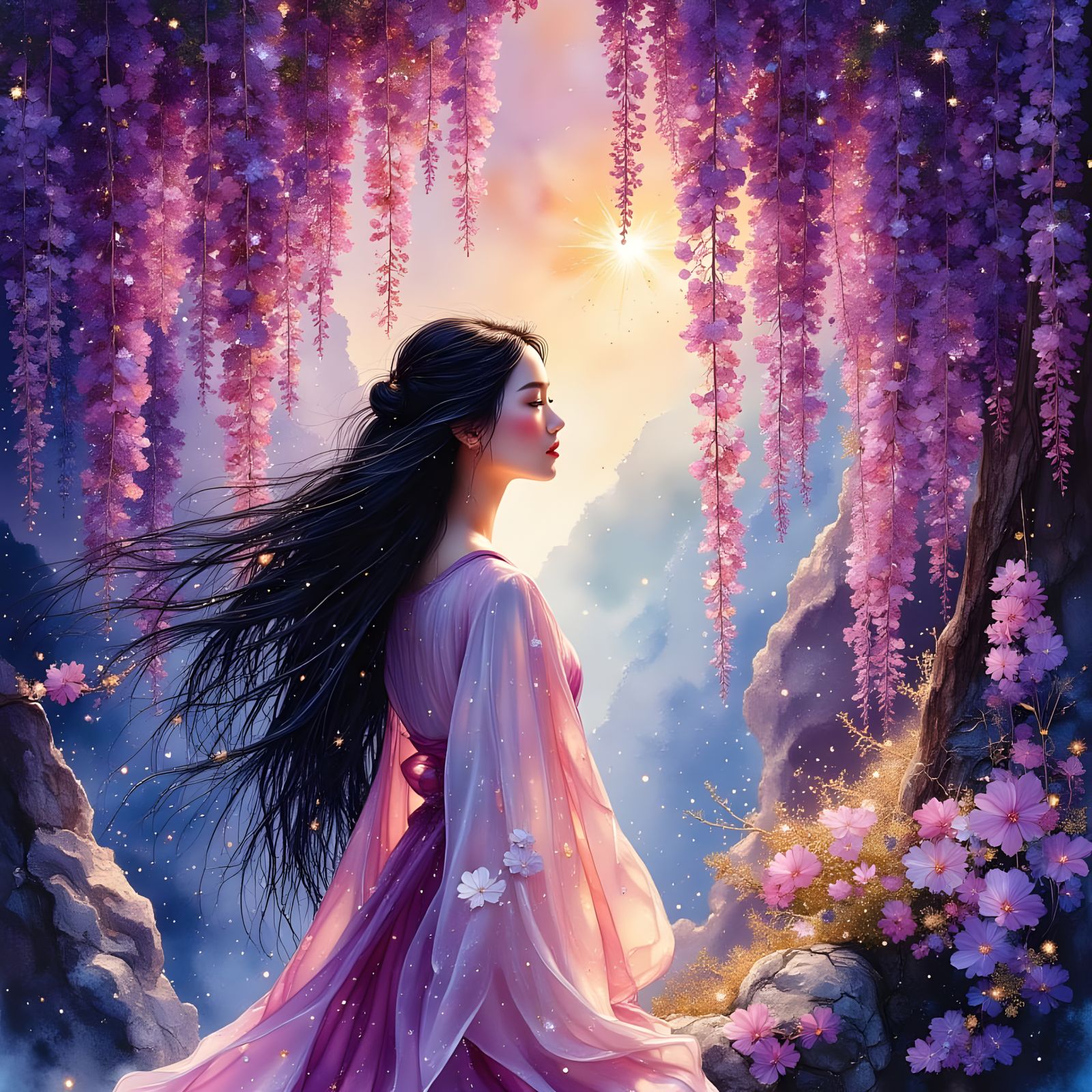 Wisteria Tunnel with Elegant Korean Woman in Vibrant Colors
