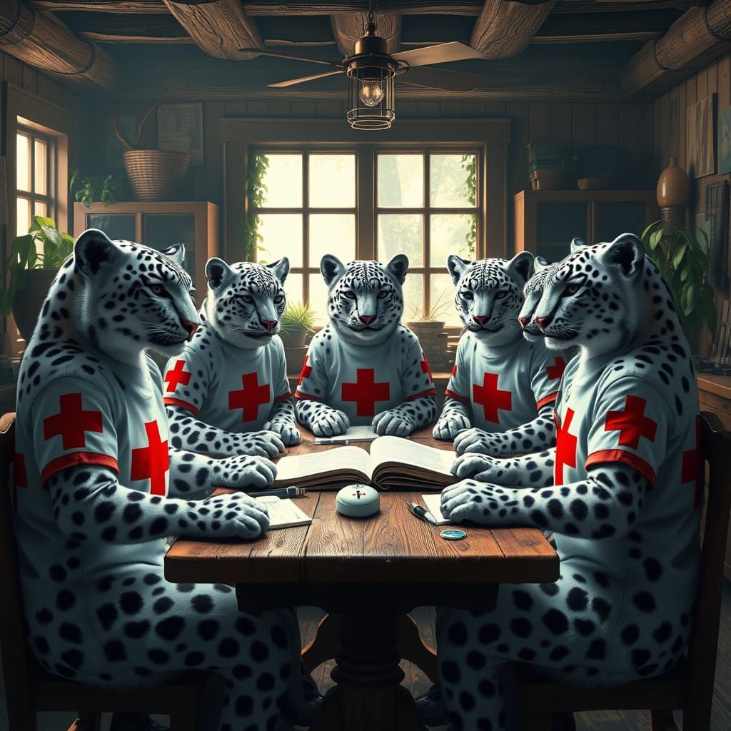 Snow Leopard Aid Workers in Whimsical Red Cross Office