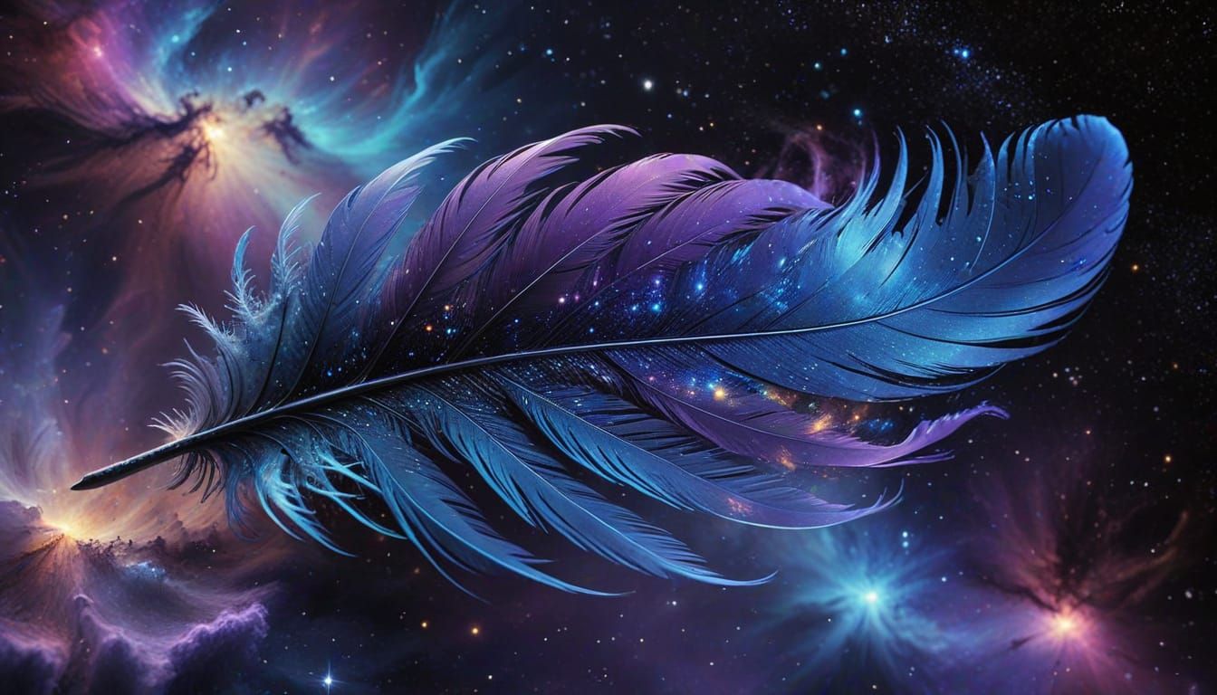 Iridescent Feather Drifting Through Cosmic Nebula